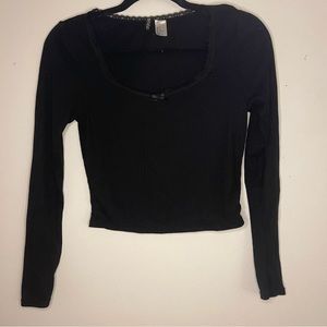 Black Ribbed Crop Tee with lace and bow